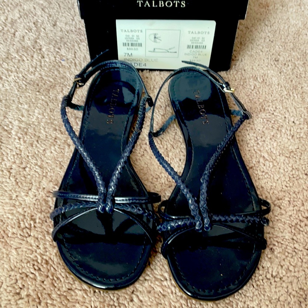 Navy blue patent flat sandals